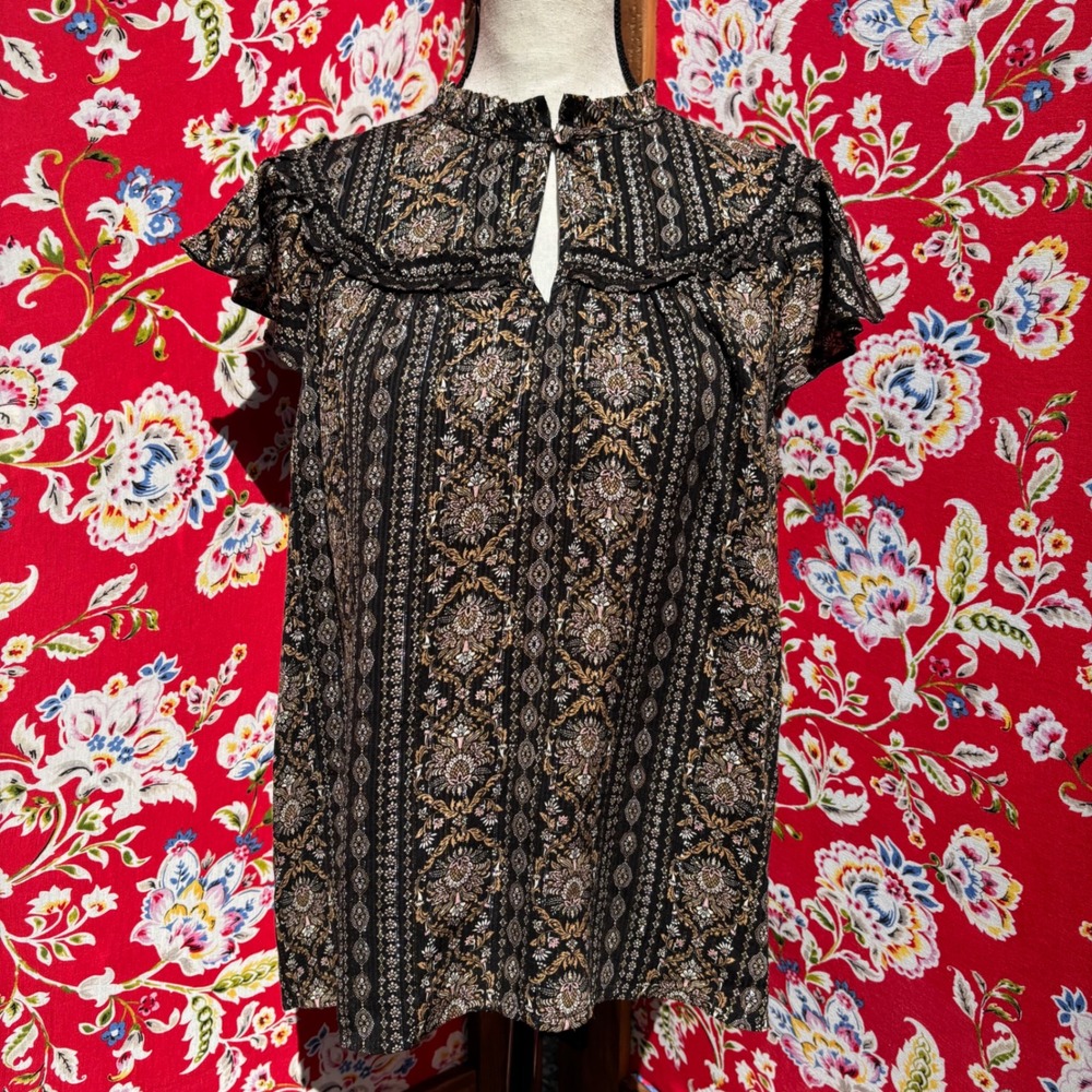 Loft Black Metallic Threaded Boho Chic Flutter Sleeve Blouse Size L